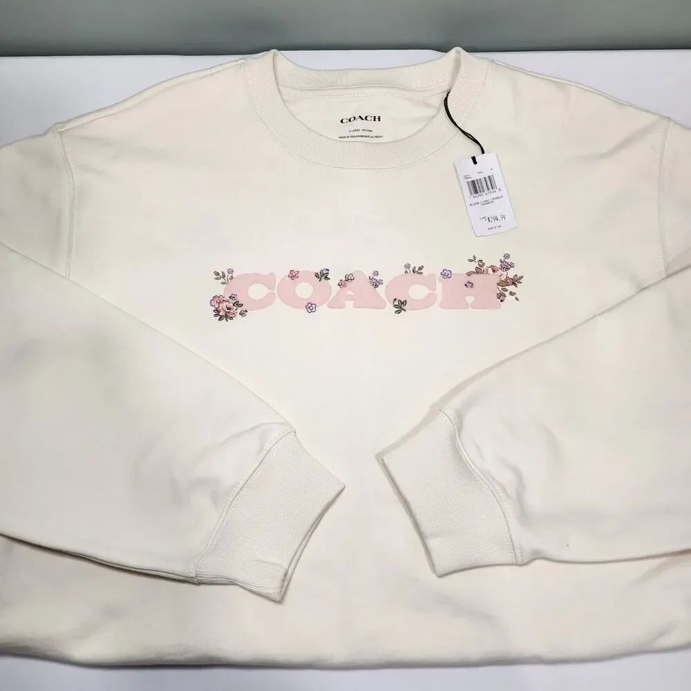 NWT Coach CAH70 Woman Spring Blossom Print Classic Crewneck Sweatshirt Cream XL